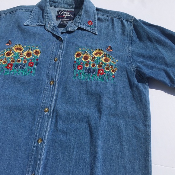 Vintage Denim Button Short Sleeve w/ Embroidery - Picture 2 of 4